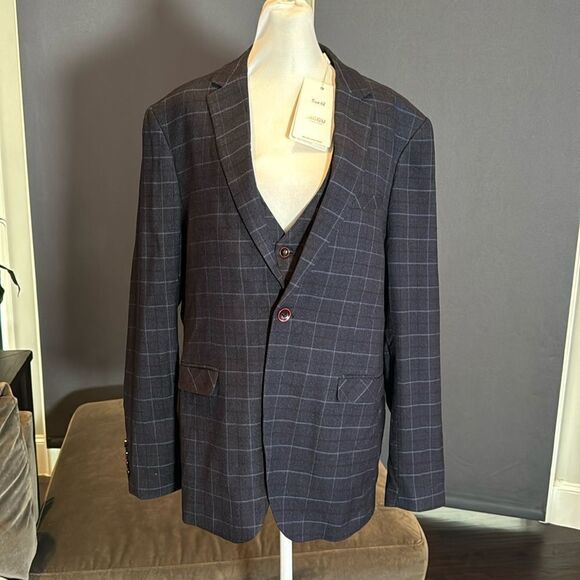 Men’s Mogu Plaid 3 Piece Business Formal Suit Jacket 42 Pants 40 NWT - Picture 4 of 15